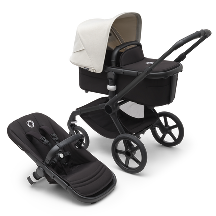 Bugaboo Fox 5 carrycot and seat pushchair with black chassis, midnight black fabrics and misty white sun canopy.