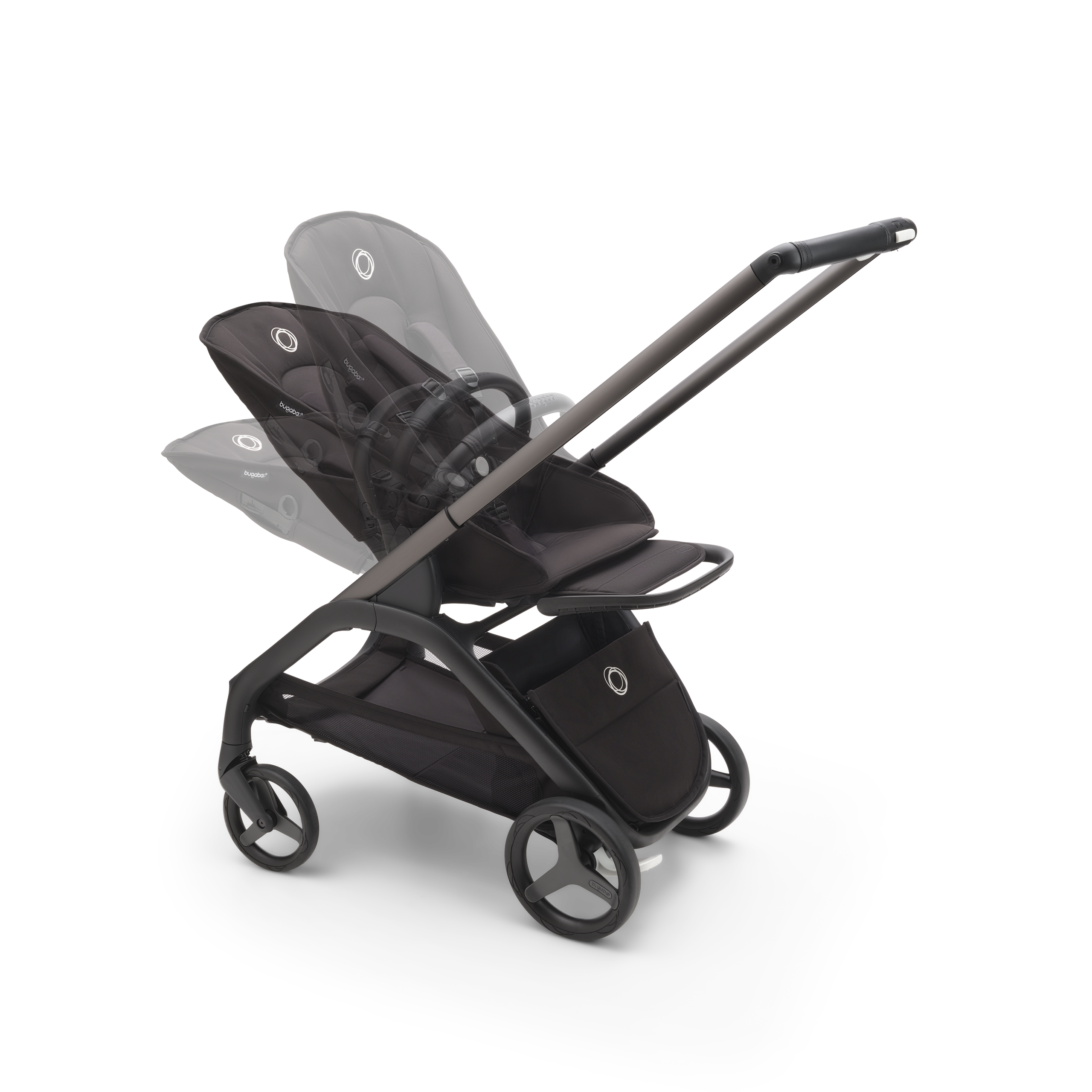 RBLU Bugaboo Dragonfly bassinet and seat stroller black base, midnight black fabrics, midnight black  sun canopy - Thumbnail Slide 7 van 10