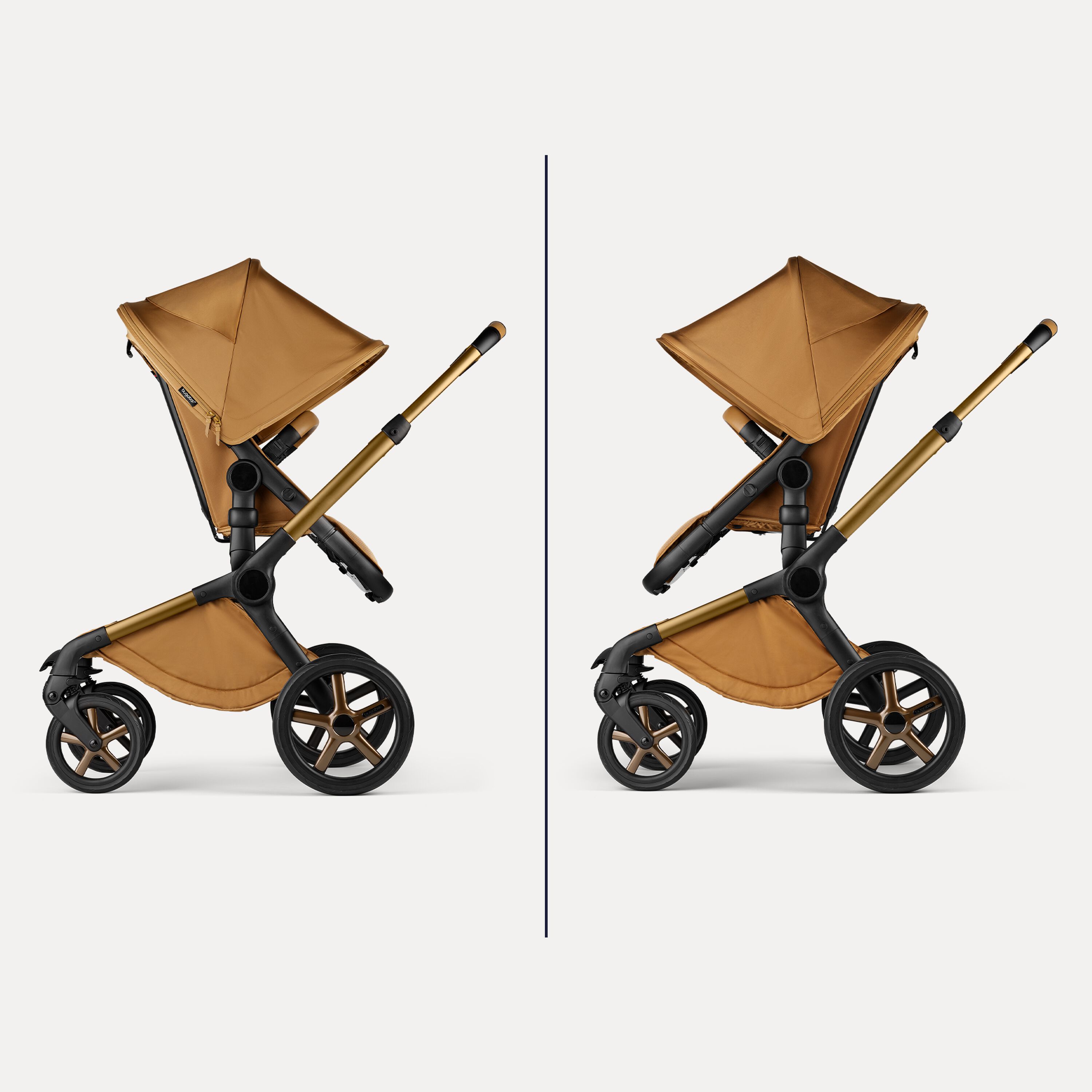 Two images showing the Bugaboo Fox 5 Noir Limited Edition stroller's reversible seat: facing parent and facing the world. - Main Modal Image Slide 8 of 15