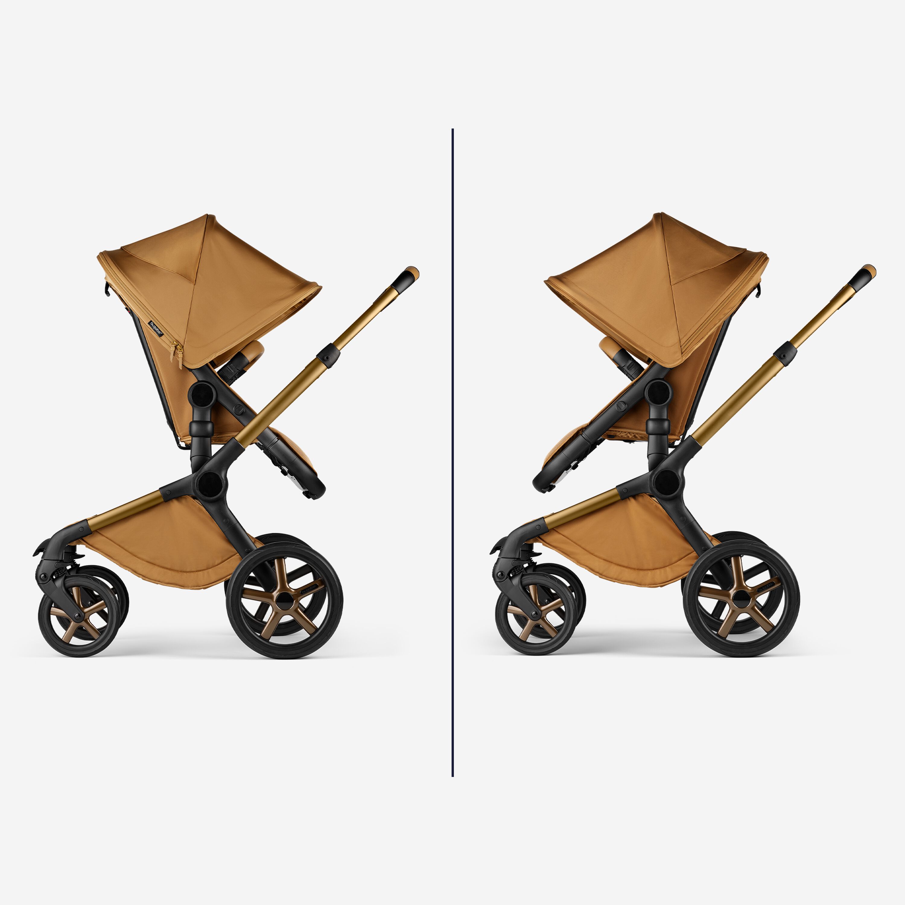 Two images showing the Bugaboo Fox 5 Noir Limited Edition stroller's reversible seat: facing parent and facing the world. - Main Modal Image Slide 8 of 15