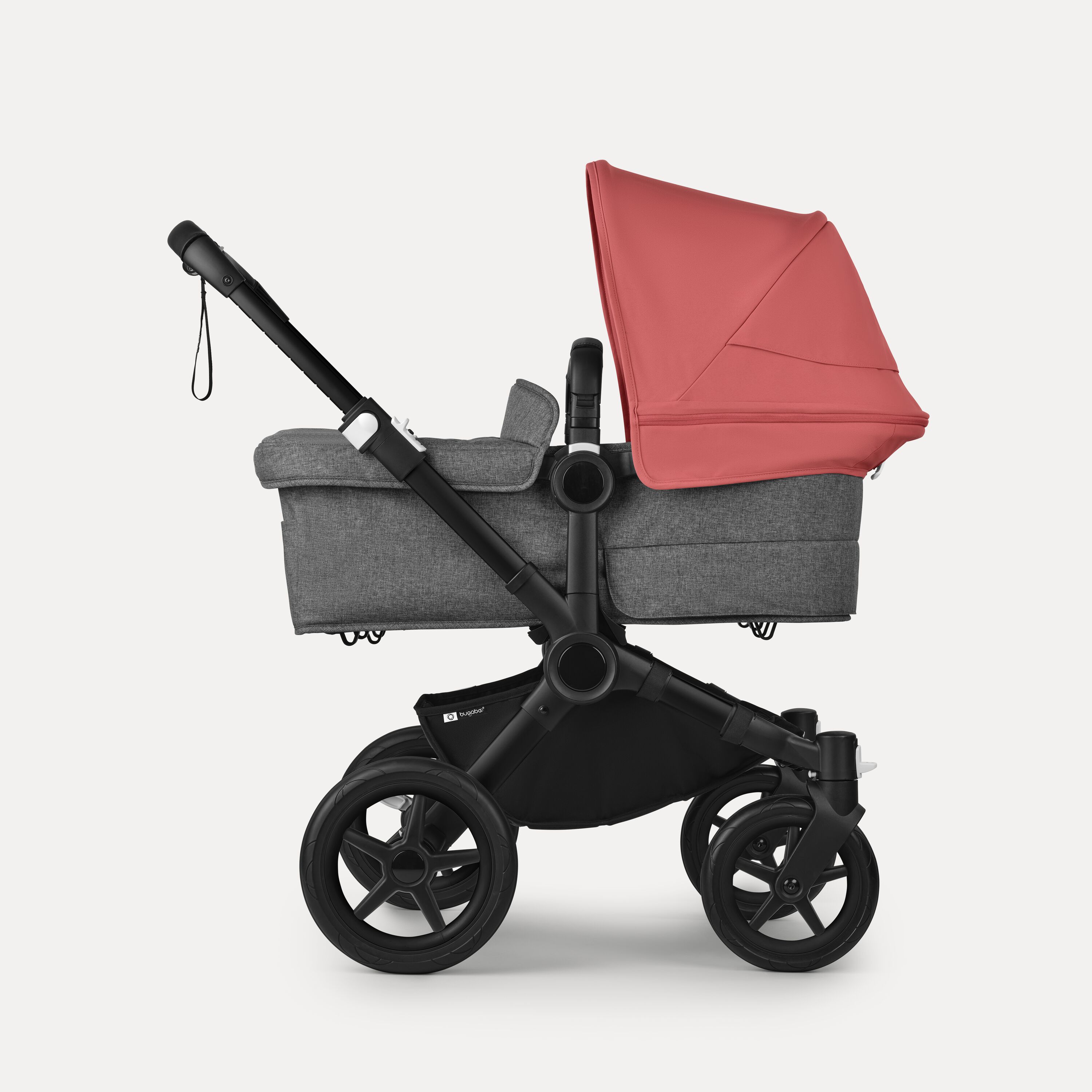 Bugaboo Donkey 5 twin stroller black base, grey mélange fabrics, sunrise red sun canopy - Main Modal Image Slide 2 of 12