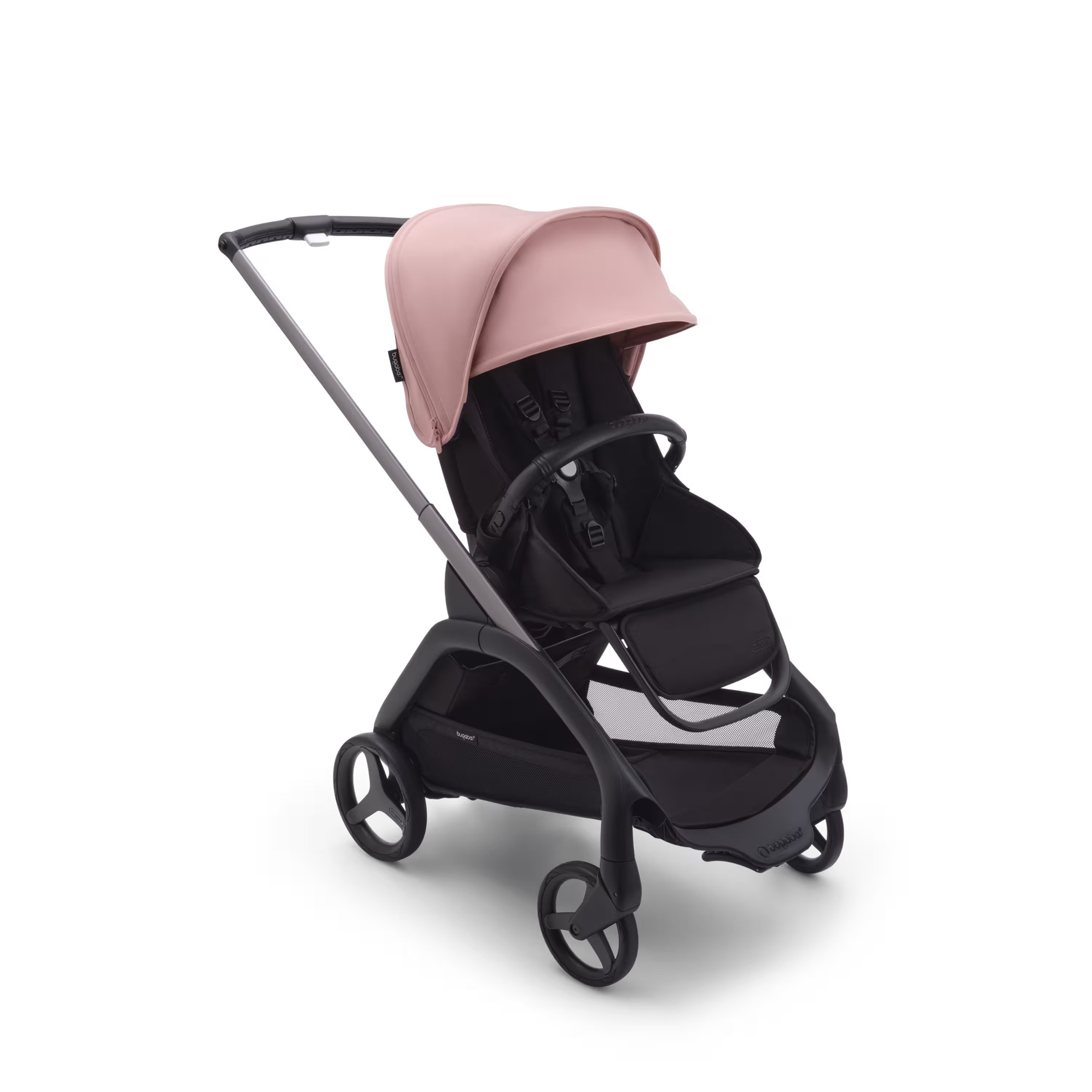 Bugaboo Dragonfly seat stroller with graphite chassis, midnight black fabrics and morning pink sun canopy. - Main Modal Image Slide 1 of 16