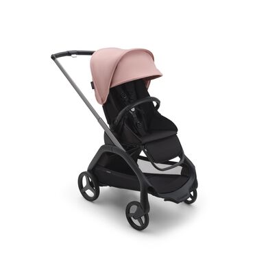 Bugaboo Dragonfly seat stroller with graphite chassis, midnight black fabrics and morning pink sun canopy.