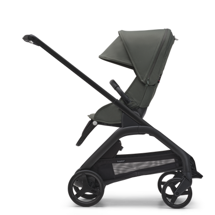 Side view of the Bugaboo Dragonfly seat pushchair with black chassis, forest green fabrics and forest green sun canopy. - view 2