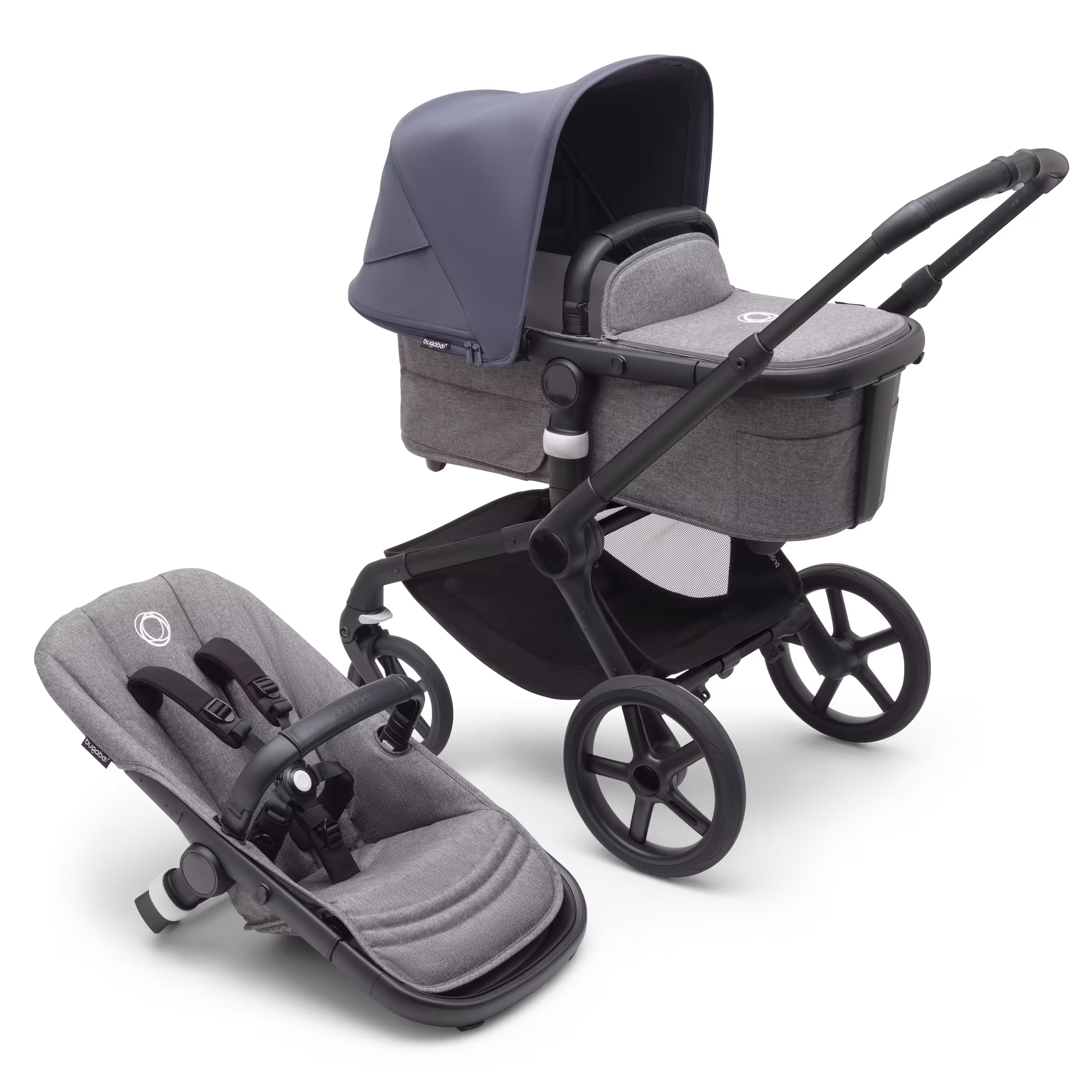 Bugaboo Fox 5 carrycot and seat pushchair with black chassis, grey melange fabrics and stormy blue sun canopy. - Main Modal Image Slide 1 of 13