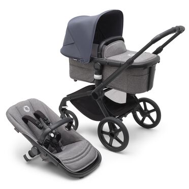 Bugaboo Fox 5 carrycot and seat pushchair with black chassis, grey melange fabrics and stormy blue sun canopy.