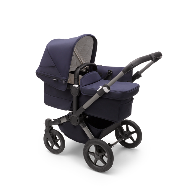 Bugaboo Donkey 5 Mono bassinet and seat stroller graphite base, classic collection dark navy fabrics, classic collection dark navy sun canopy