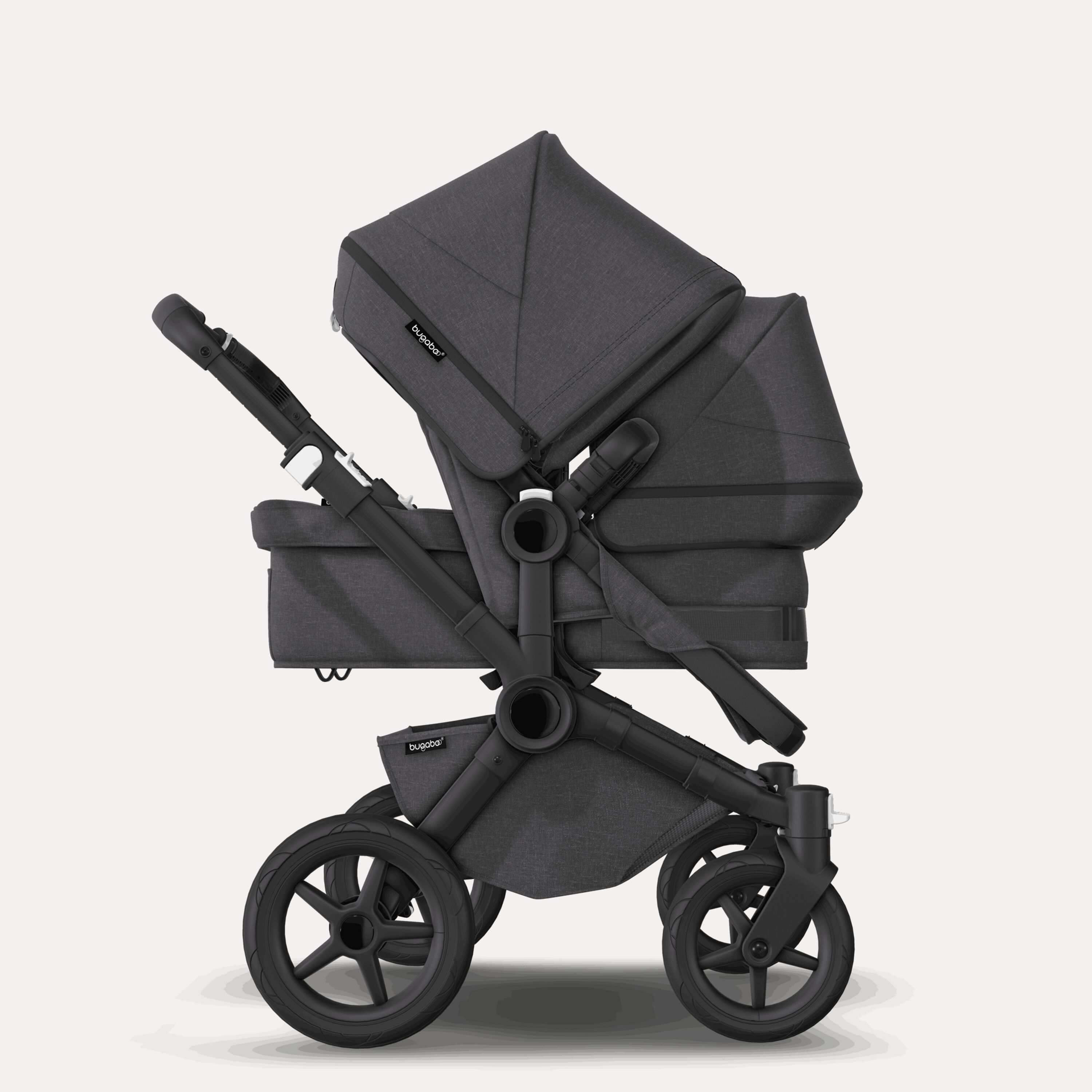 Bugaboo Donkey 5 Duo double stroller black base, mineral washed black fabrics, mineral washed black sun canopy - Main Modal Image Slide 3 of 10