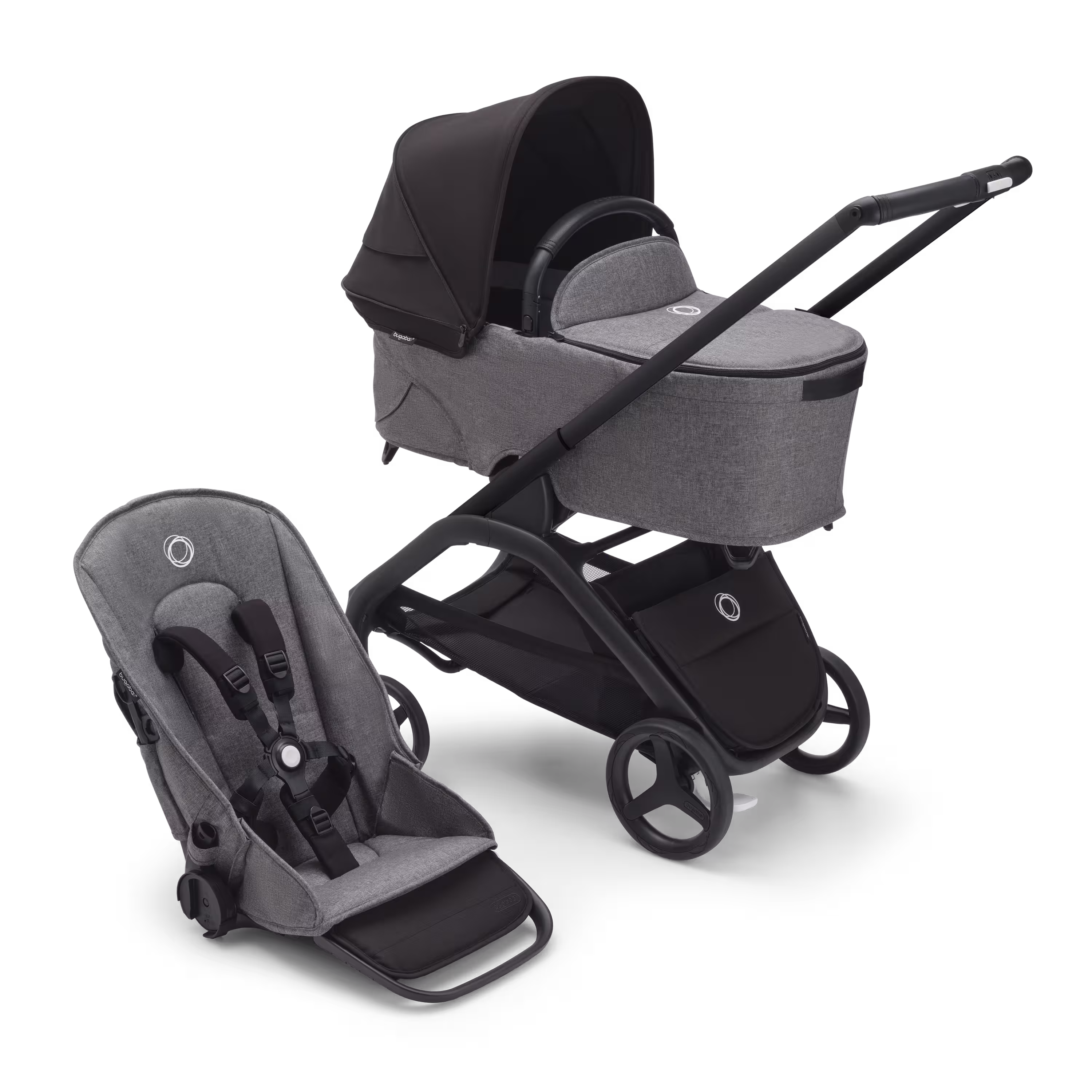 Bugaboo Dragonfly bassinet and seat stroller with black chassis, grey melange fabrics and midnight black sun canopy. - Main Modal Image Slide 1 of 16