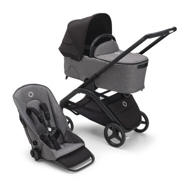 Bugaboo Dragonfly bassinet and seat stroller with black chassis, grey melange fabrics and midnight black sun canopy.