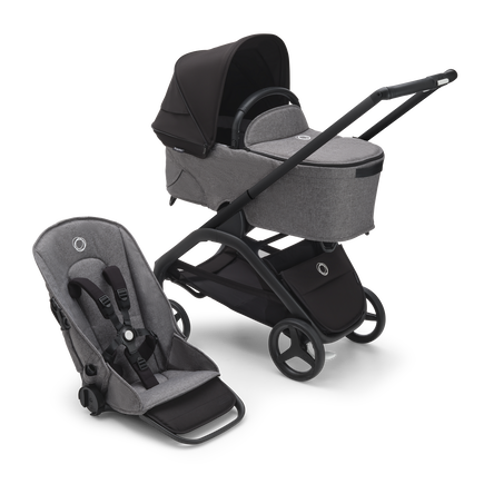 Bugaboo Dragonfly bassinet and seat stroller with black chassis, grey melange fabrics and midnight black sun canopy.