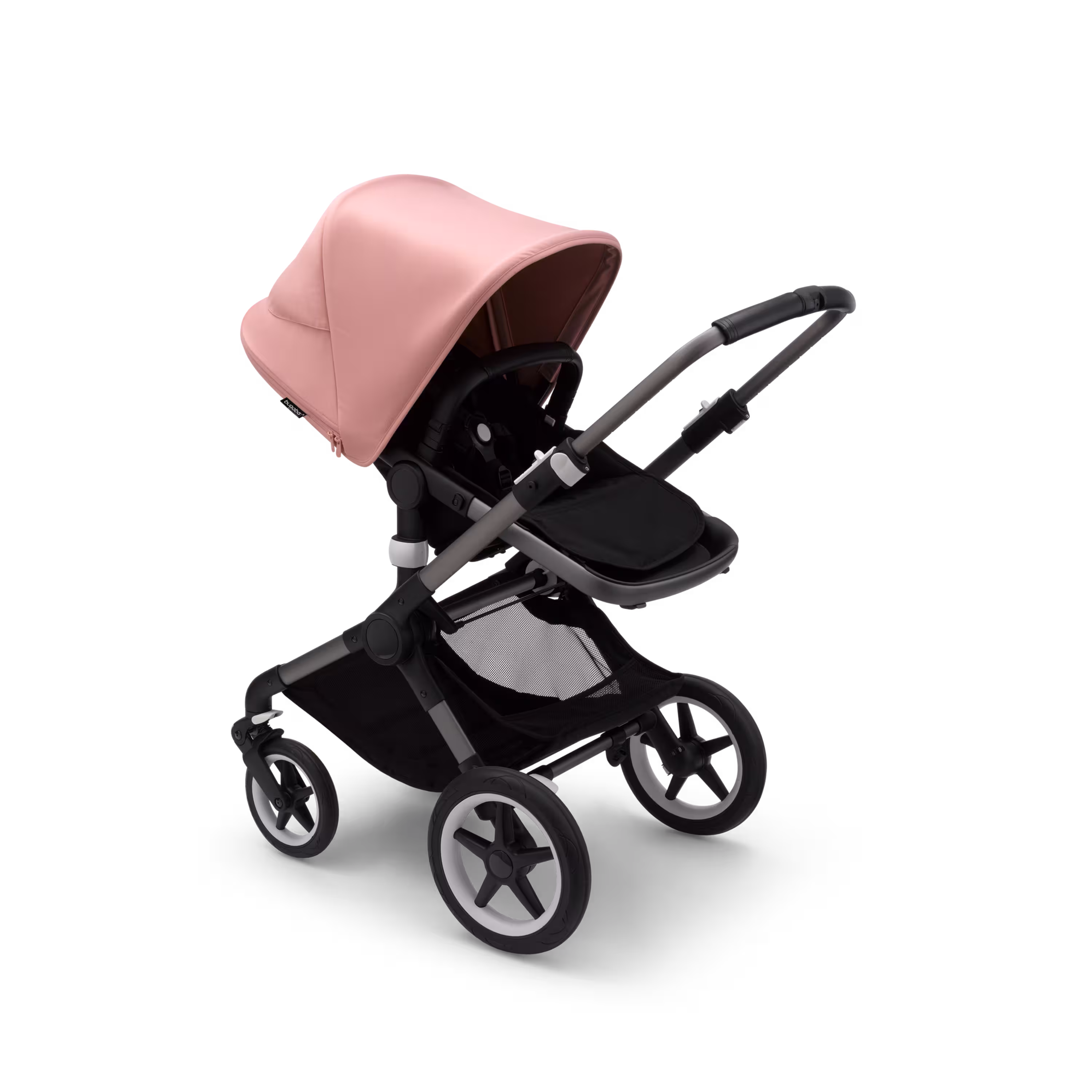 Bugaboo Fox 3 seat stroller with graphite frame, black fabrics, and pink sun canopy. - Main Modal Image Slide 6 of 7