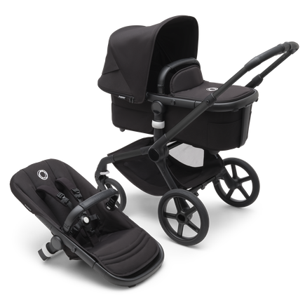 Bugaboo Fox 5 bassinet and seat stroller with black chassis, midnight black fabrics and midnight black sun canopy.