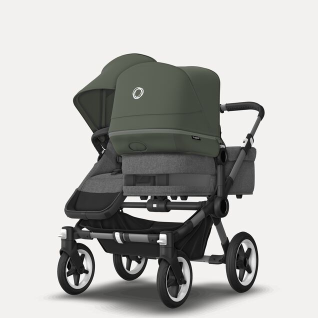 Bugaboo Donkey 5 Duo double stroller graphite base, grey mélange fabrics, forest green sun canopy - Main Image Slide 1 of 11