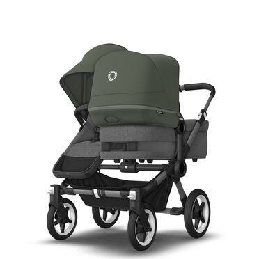 Bugaboo Donkey 5 Duo double stroller graphite base, grey mélange fabrics, forest green sun canopy