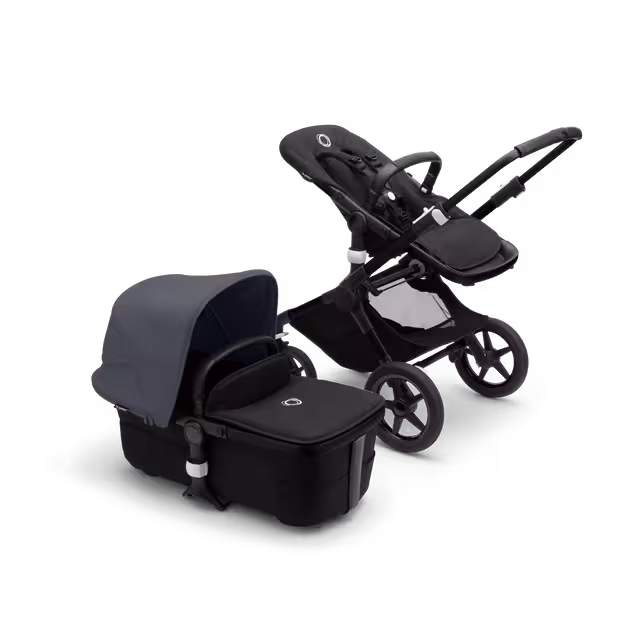 Bugaboo Fox 3 bassinet and seat stroller black base, midnight black fabrics, stormy blue sun canopy - Main Image Slide 5 van 7