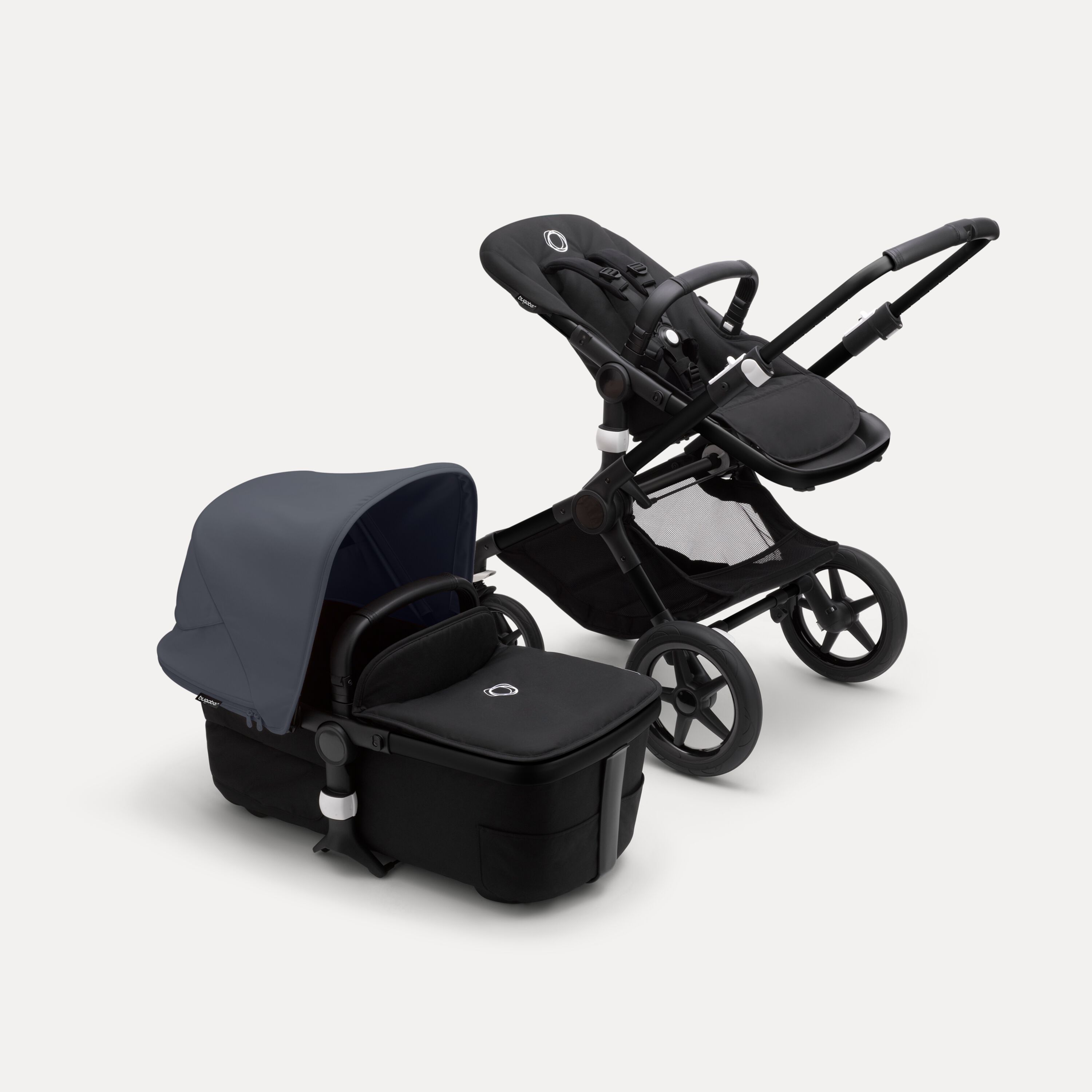 Bugaboo Fox 3 bassinet and seat stroller black base, midnight black fabrics, stormy blue sun canopy - Main Modal Image Slide 5 of 7