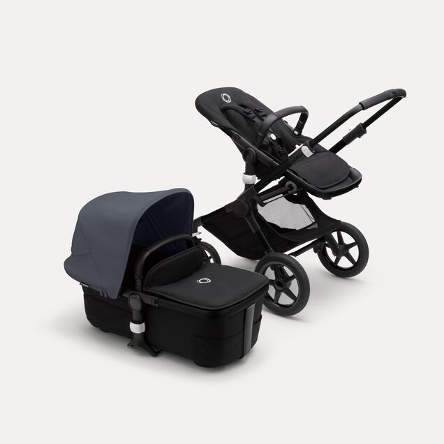 Bugaboo Fox 3 bassinet and seat stroller black base, midnight black fabrics, stormy blue sun canopy - Main Image Slide 5 of 7
