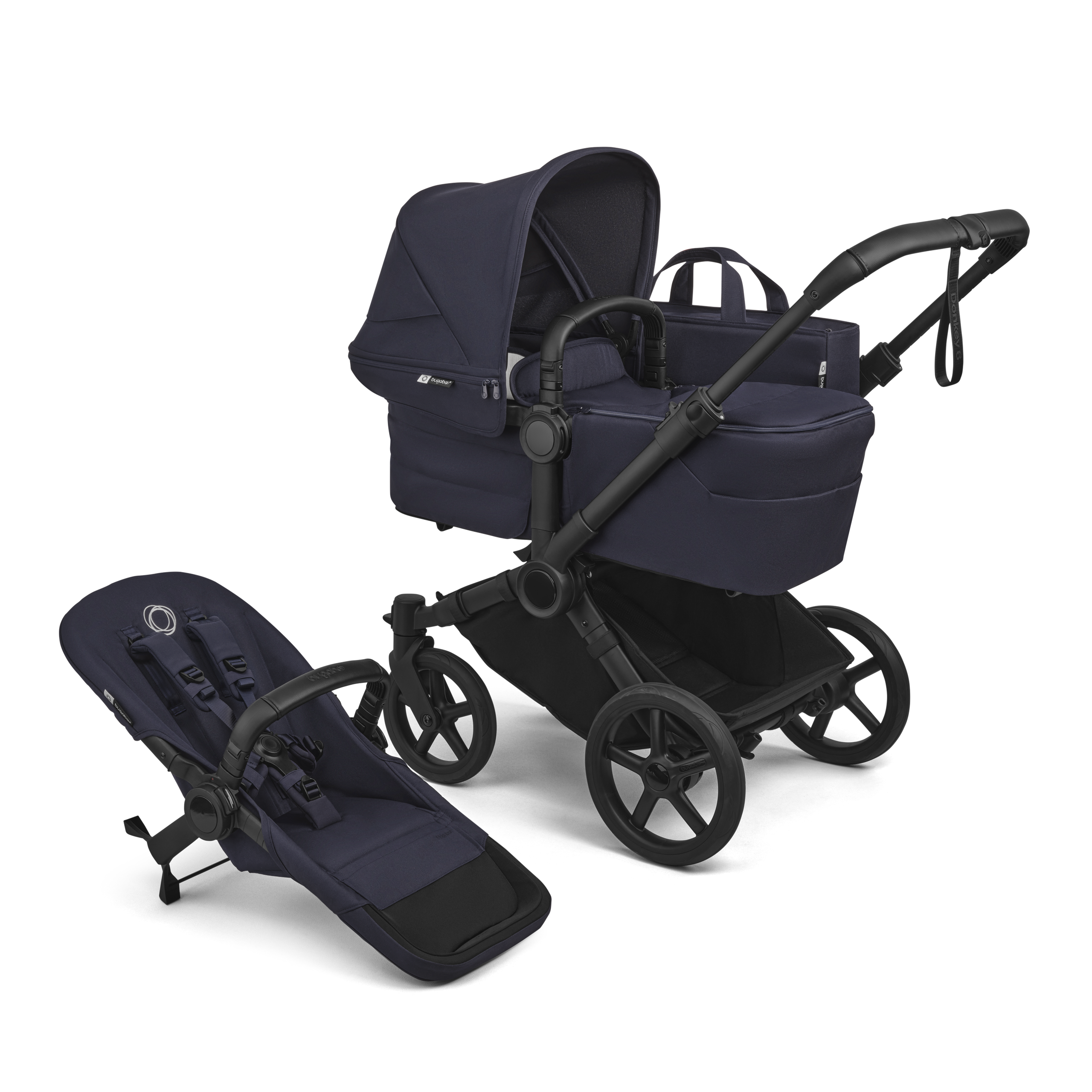 Bugaboo Donkey 6 2-in-1  stroller black base, deep indigo fabrics, deep indigo sun canopy view 1 - Thumbnail Slide 1 of 10
