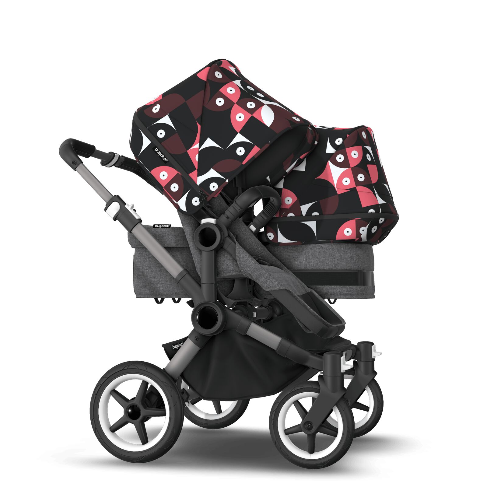Bugaboo Donkey 5 Duo bassinet and seat stroller graphite base, grey mélange fabrics, animal explorer pink/ red sun canopy