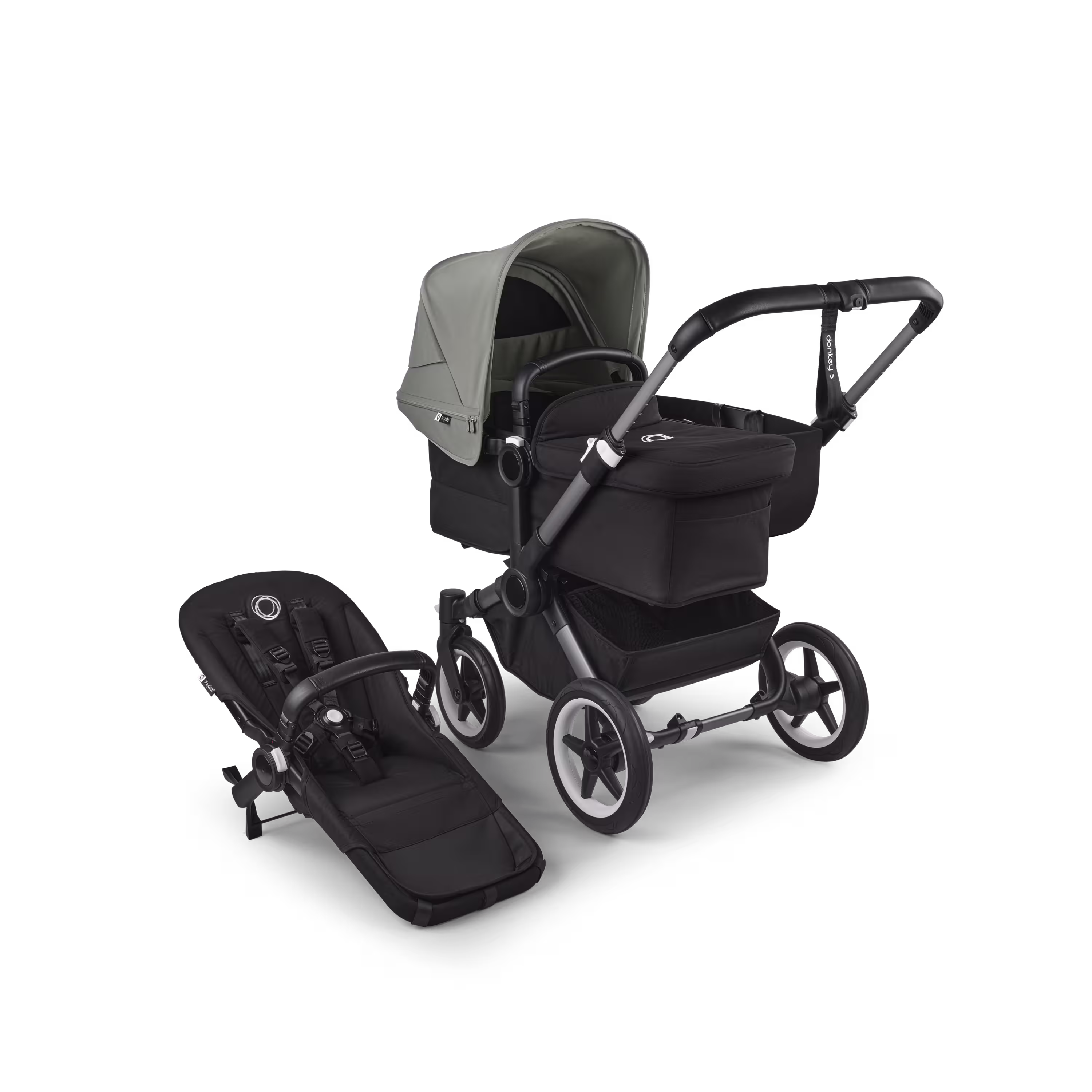 Refurbished Bugaboo Donkey 5 Mono bassinet and seat stroller graphite base, midnight black fabrics, forest green sun canopy - Main Modal Image Slide 1 of 10
