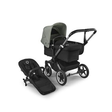 Refurbished Bugaboo Donkey 5 Mono bassinet and seat stroller graphite base, midnight black fabrics, forest green sun canopy
