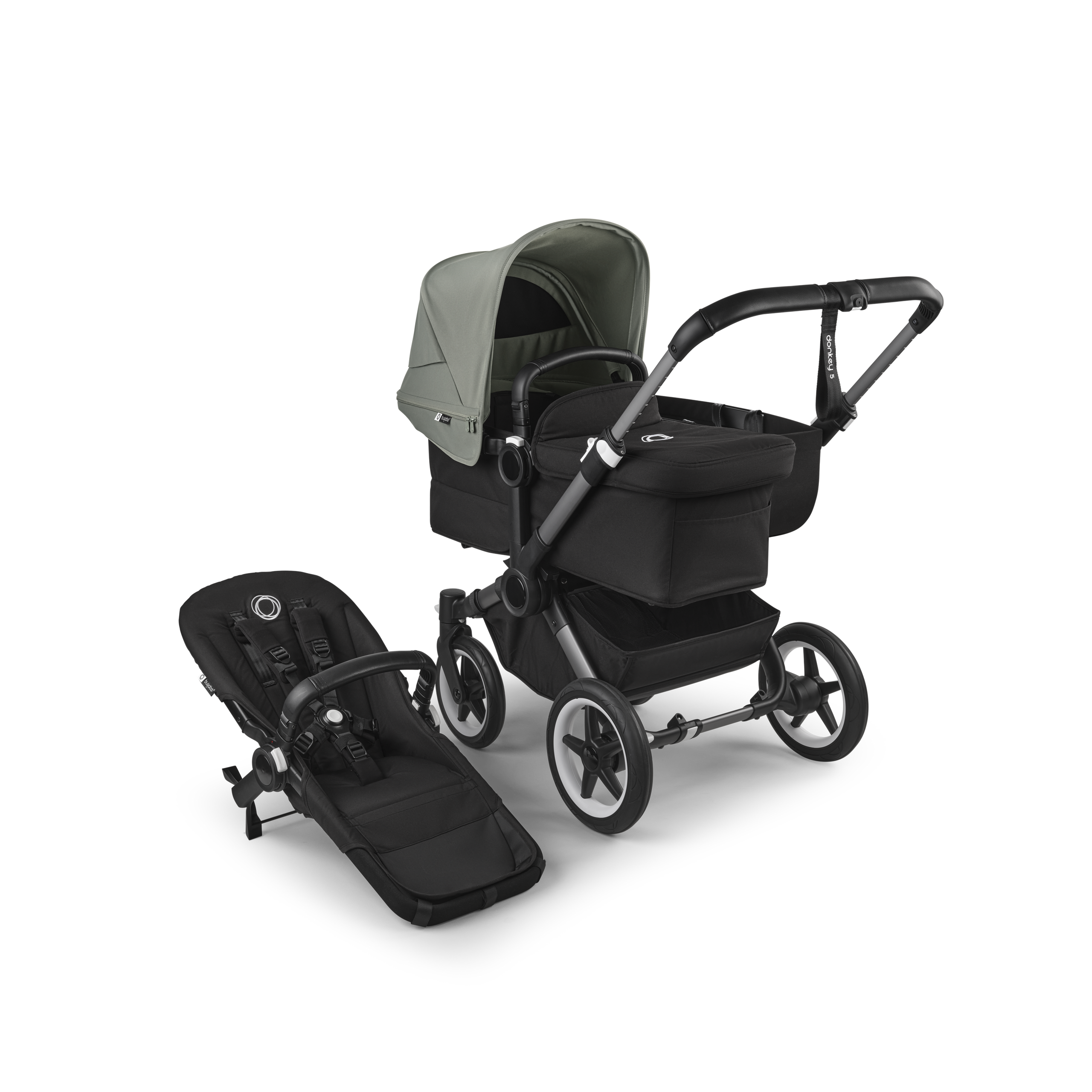 Refurbished Bugaboo Donkey 5 Mono bassinet and seat stroller graphite base, midnight black fabrics, forest green sun canopy - Thumbnail Slide 1 of 10