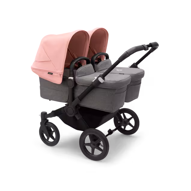 Bugaboo Donkey 5 twin stroller black base, grey mélange fabrics, morning pink sun canopy - Main Image Slide 1 of 10