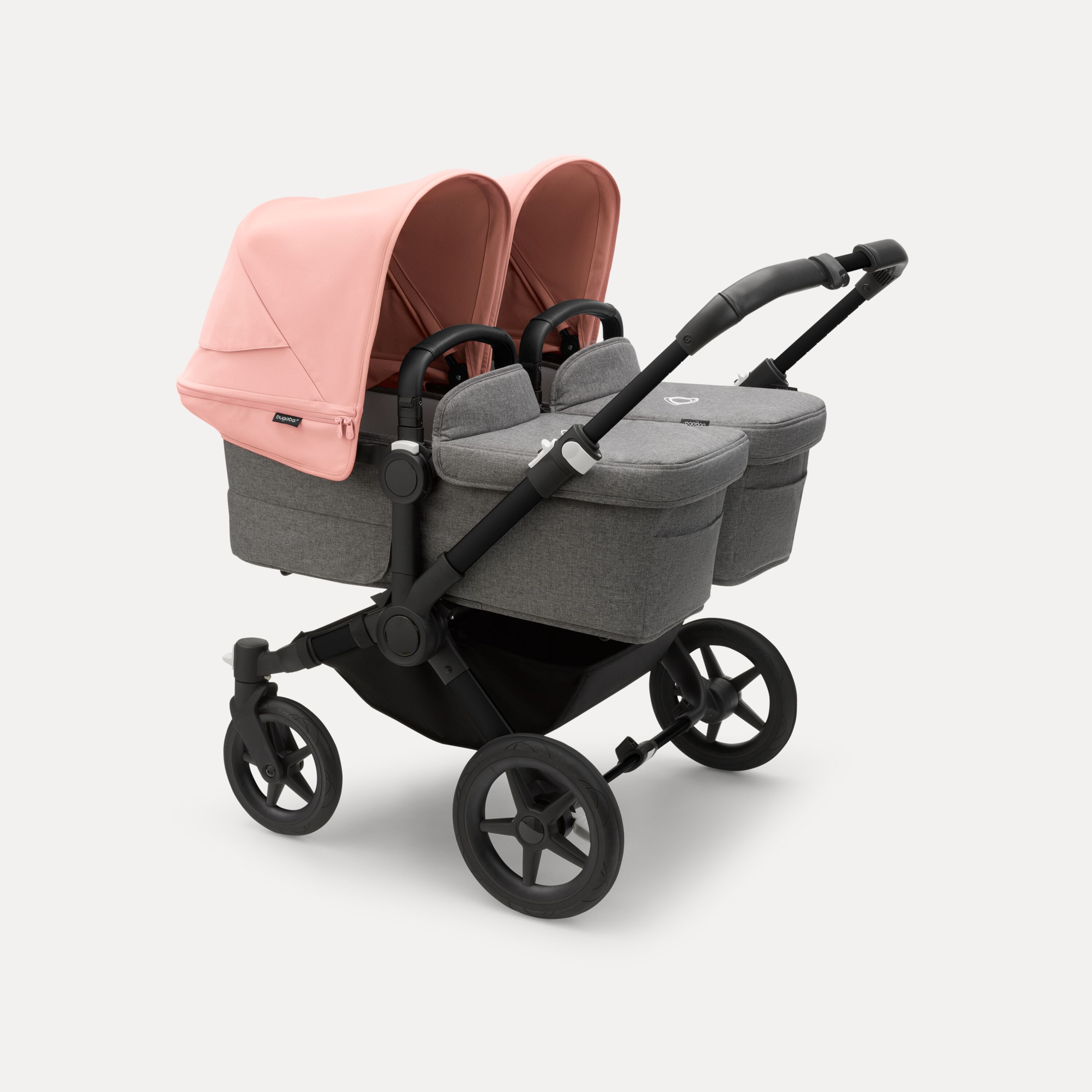 Bugaboo Donkey 5 twin stroller black base, grey mélange fabrics, morning pink sun canopy - Main Modal Image Slide 1 of 10