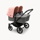 Bugaboo Donkey 5 twin stroller black base, grey mélange fabrics, morning pink sun canopy