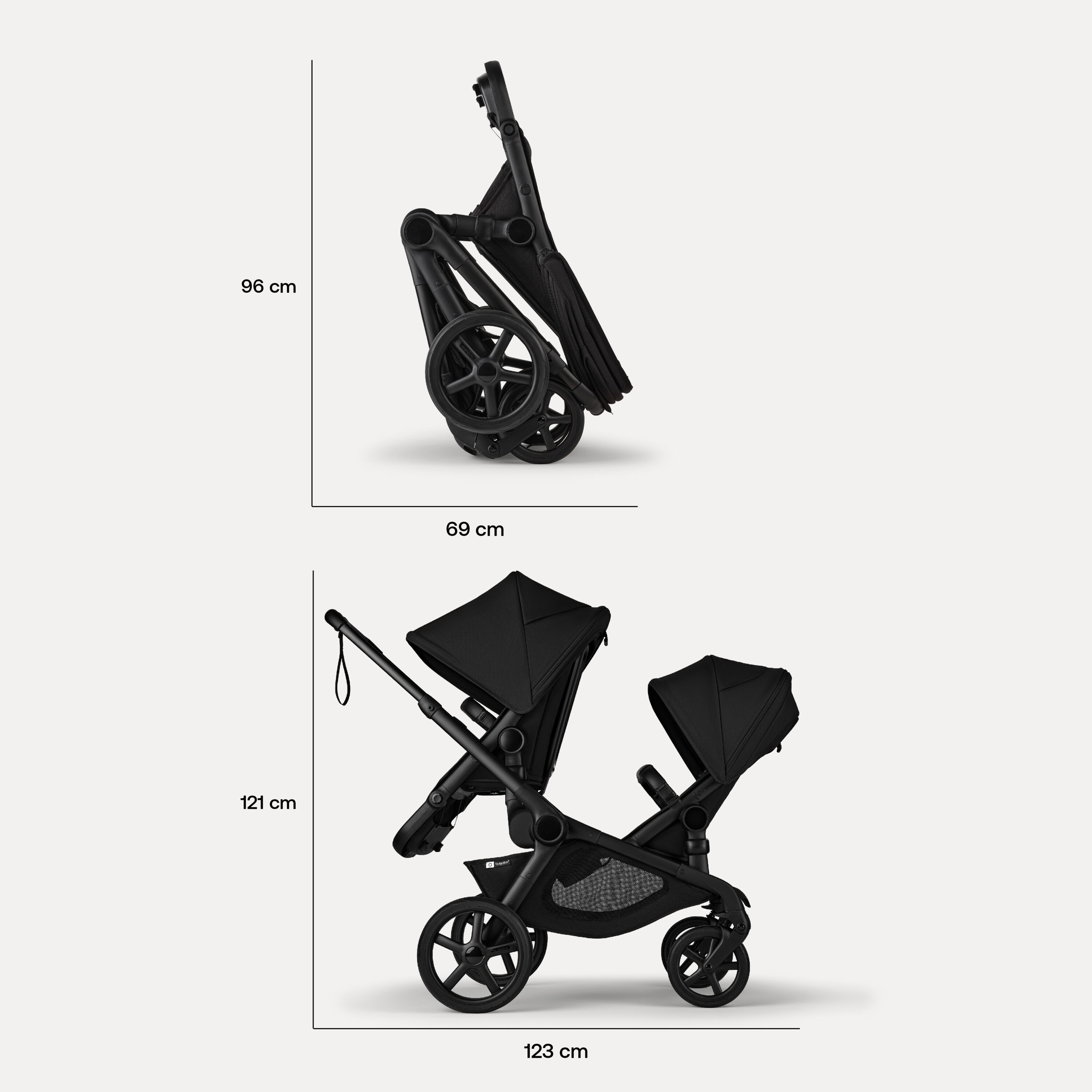 Bugaboo Kangaroo tandem stroller black base, moon grey fabrics, moon grey sun canopy - Main Modal Image Slide 19 of 20