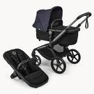 Bugaboo Fox 5 Renew bassinet and seat 2-in-1 stroller, with graphite chassis, Heritage Black fabrics, and Deep Indigo sun canopy.