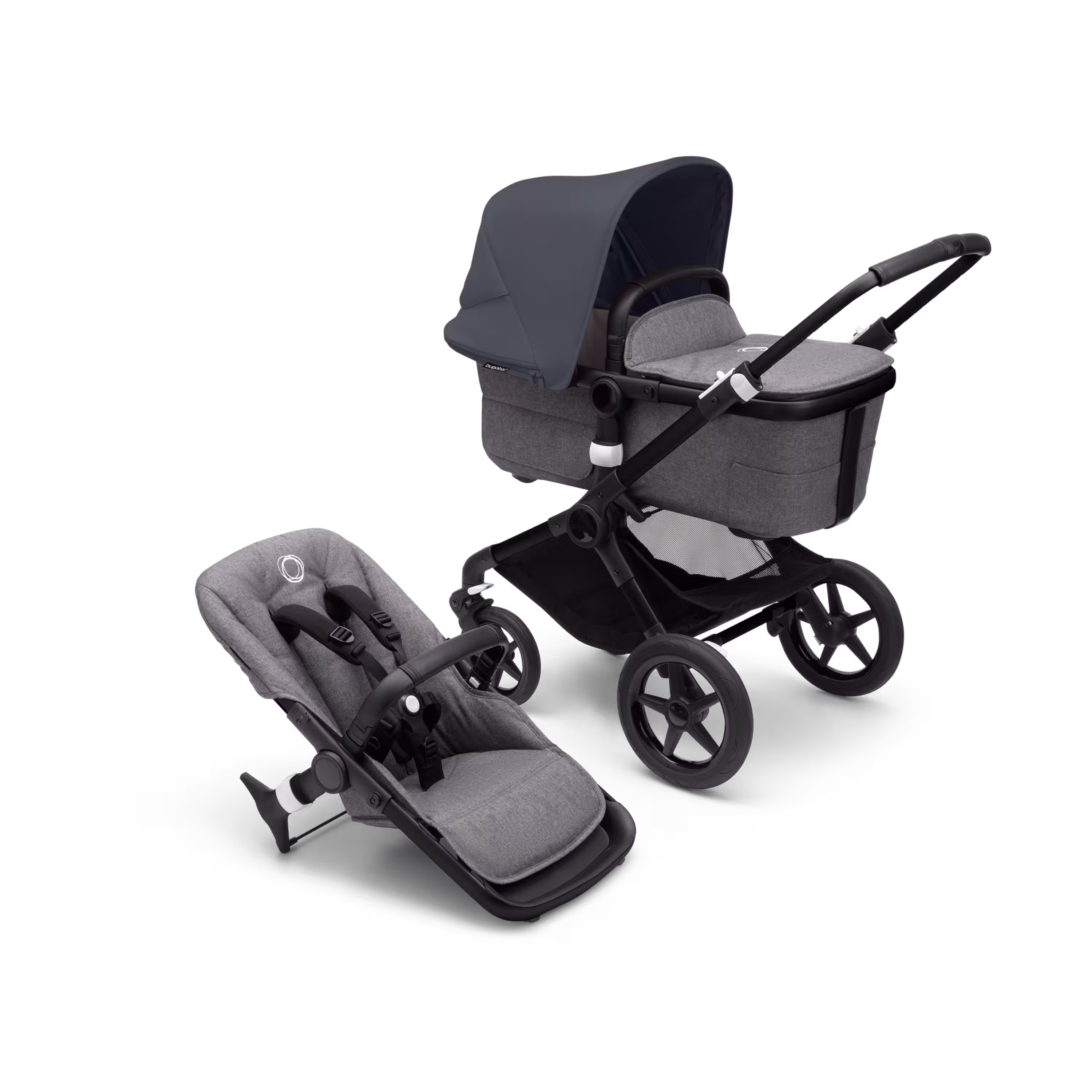 Bugaboo Fox 3 bassinet and seat stroller black base, grey melange fabrics, stormy blue sun canopy - Main Modal Image Slide 1 of 7