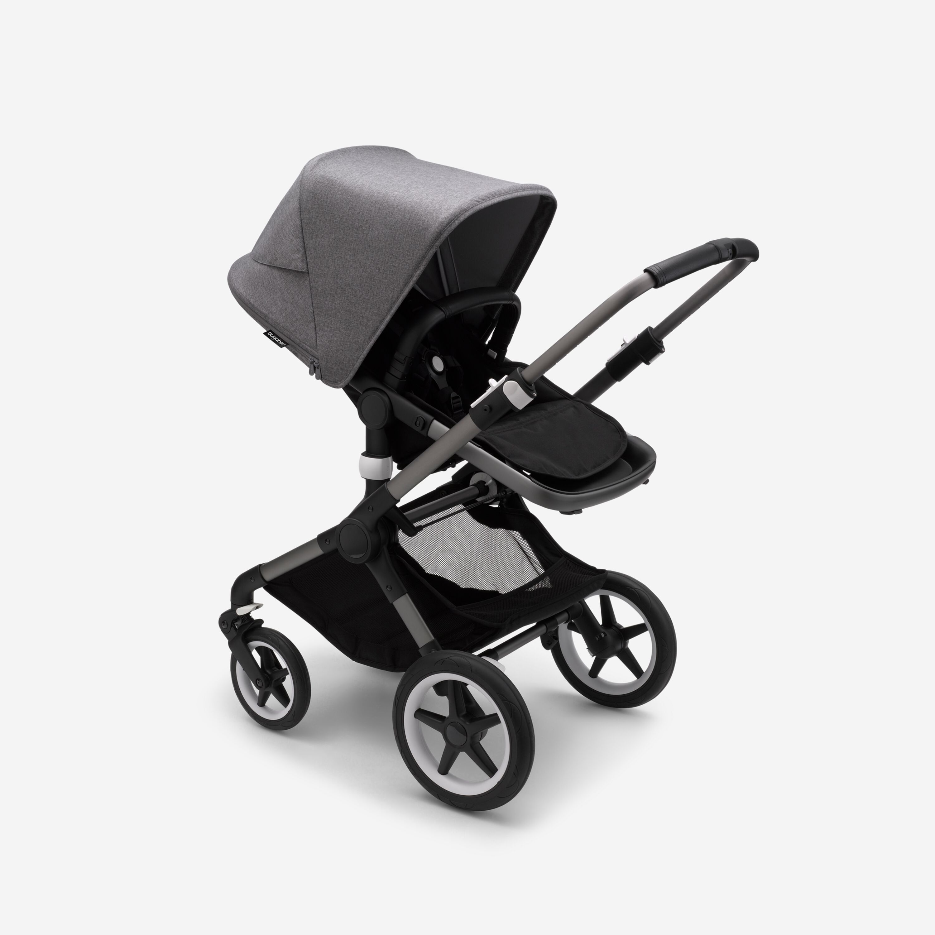 Bugaboo Fox 3 seat stroller with graphite frame, black fabrics, and grey sun canopy. - Main Modal Image Slide 6 of 7