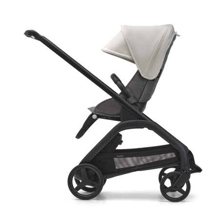 Side view of the Bugaboo Dragonfly seat stroller with black chassis, grey melange fabrics and misty white sun canopy.
