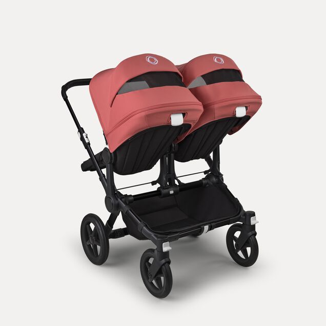 Bugaboo Donkey 5 twin stroller black base, midnight black fabrics, sunrise red sun canopy - Main Image Slide 4 of 12