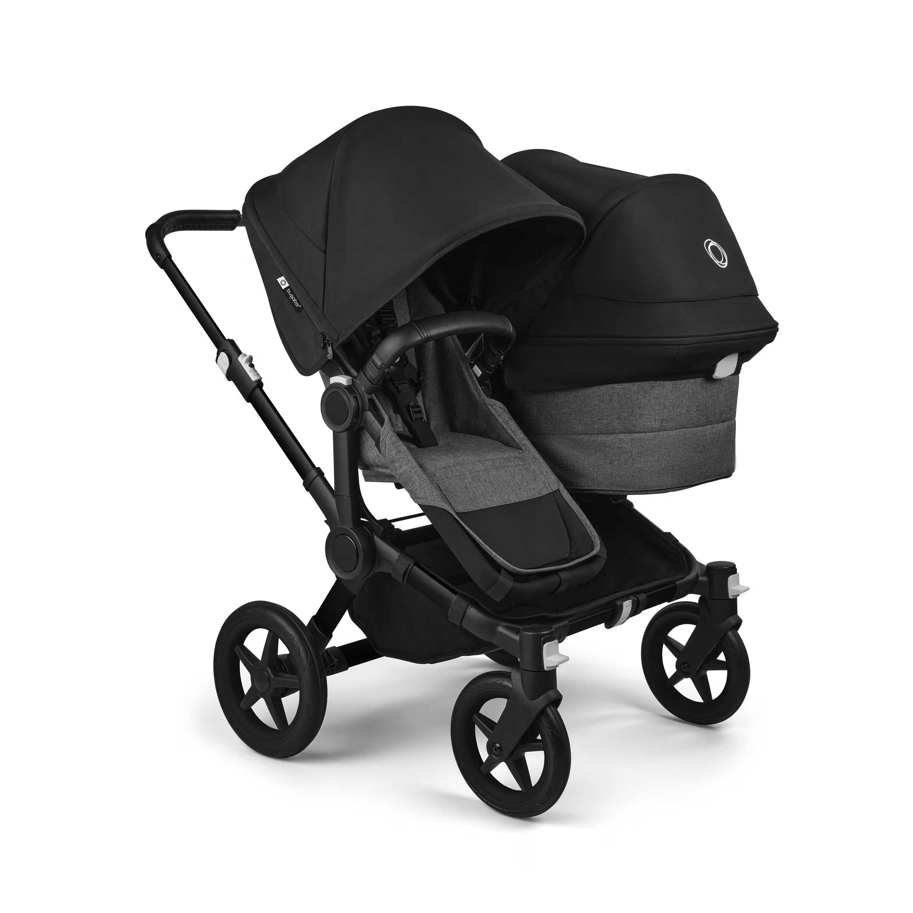 Bugaboo Donkey 5 Duo double stroller black base, grey mélange fabrics, midnight black sun canopy - Main Modal Image Slide 1 of 11