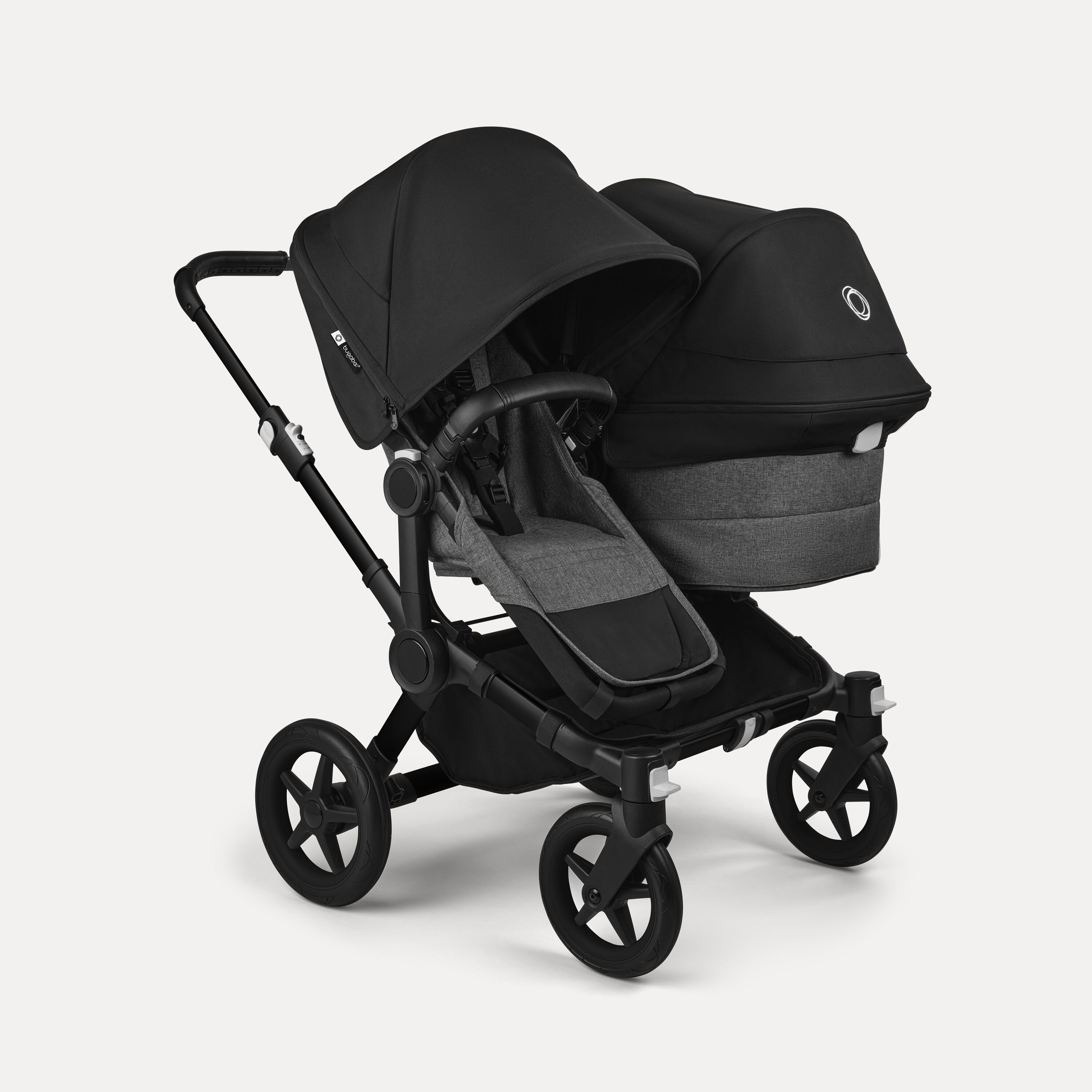 Bugaboo Donkey 5 Duo double stroller black base, grey mélange fabrics, midnight black sun canopy - Main Modal Image Slide 1 of 11