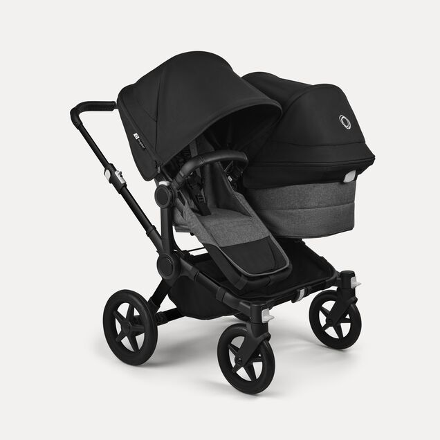 Bugaboo Donkey 5 Duo double stroller black base, grey mélange fabrics, midnight black sun canopy - Main Image Slide 1 of 11