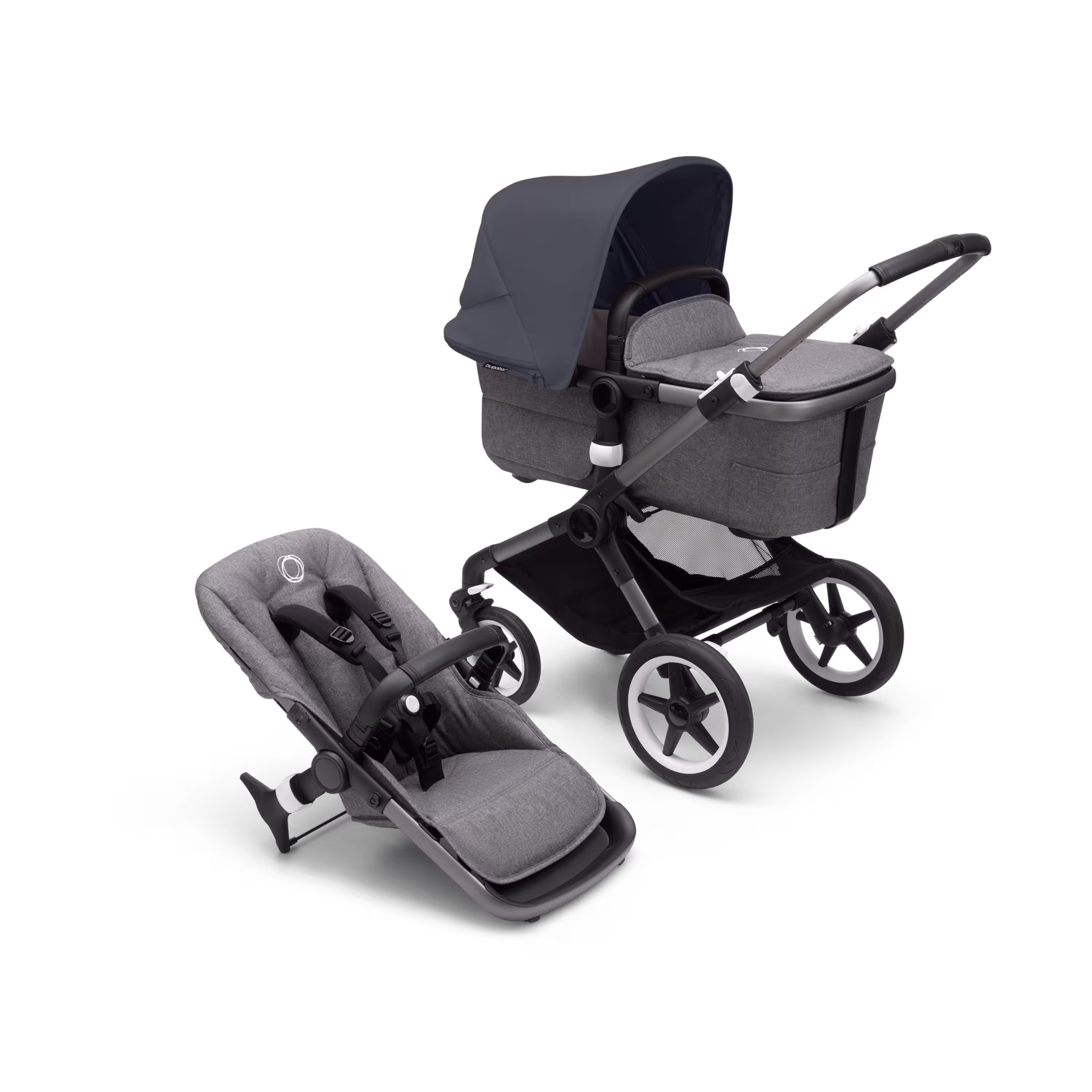 Bugaboo Fox 3 bassinet and seat stroller with graphite frame, grey fabrics, and stormy blue sun canopy. - Main Modal Image Slide 1 of 7
