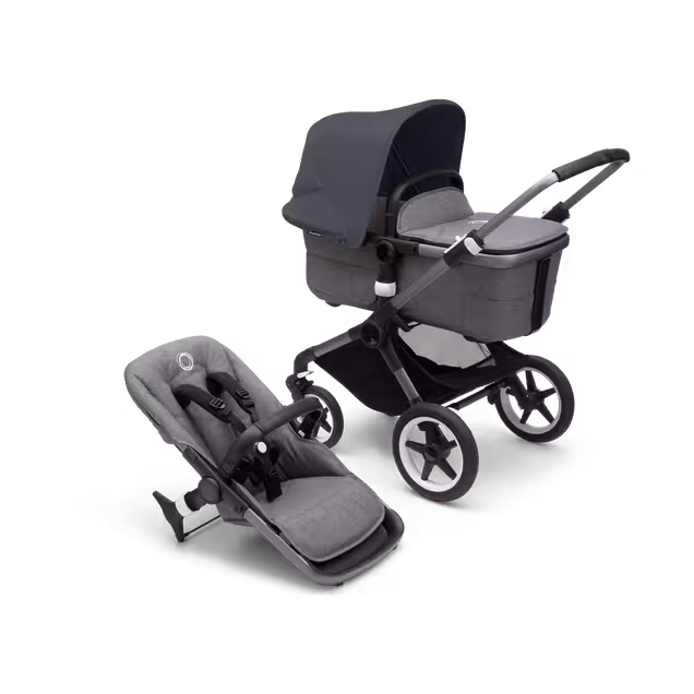 Bugaboo Fox 3 bassinet and seat stroller with graphite frame, grey fabrics, and stormy blue sun canopy. - Main Image Slide 1 of 7