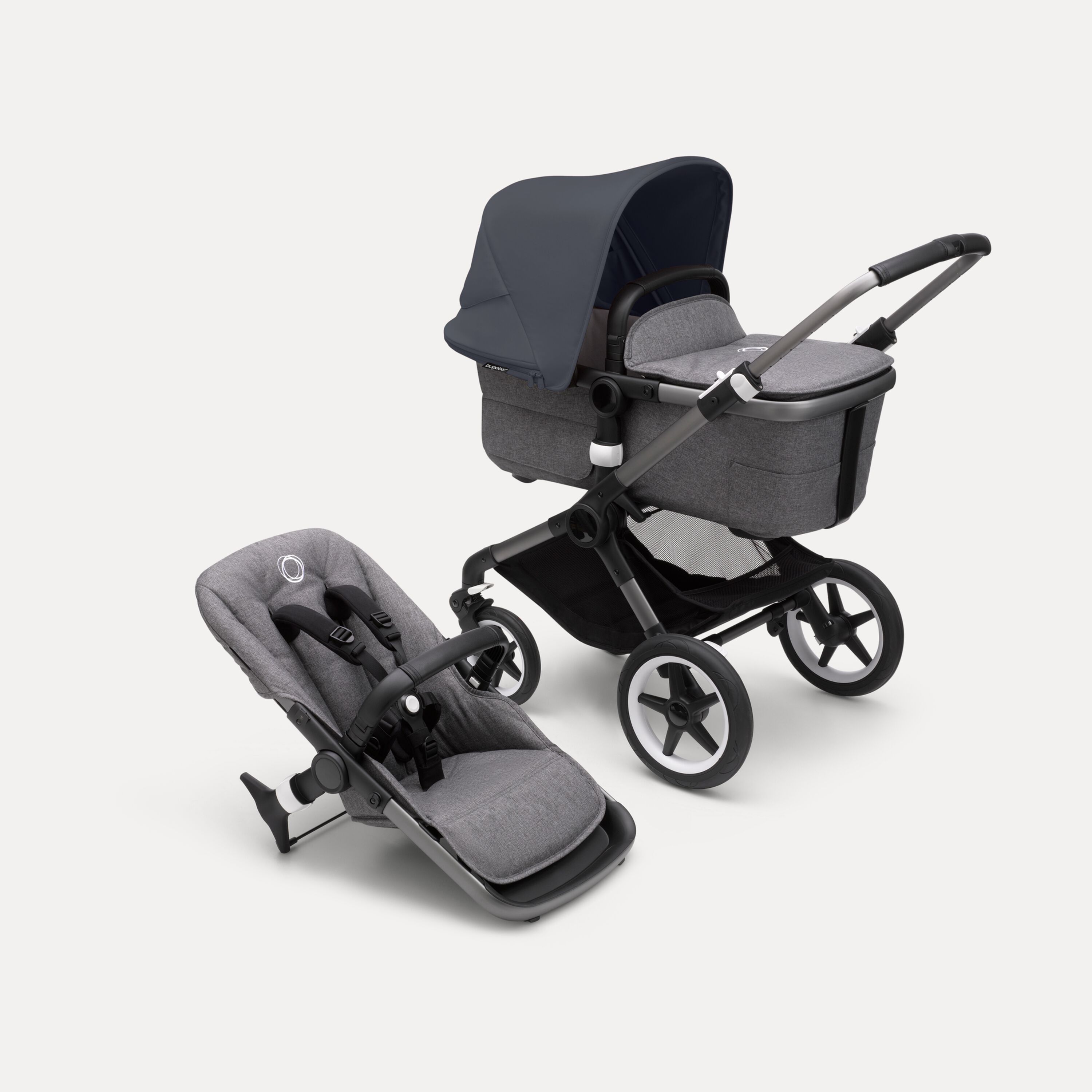 Bugaboo Fox 3 bassinet and seat stroller with graphite frame, grey fabrics, and stormy blue sun canopy. - Main Modal Image Slide 1 of 7