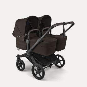 Bugaboo Donkey 6 twin stroller black base, cocoa brown fabrics, cocoa brown sun canopy