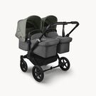 Bugaboo Donkey 5 twin stroller black base, grey mélange fabrics, forest green sun canopy