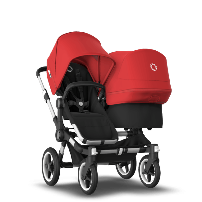 Bugaboo Donkey 3 Duo seat and bassinet stroller red sun canopy, black fabrics, aluminium base