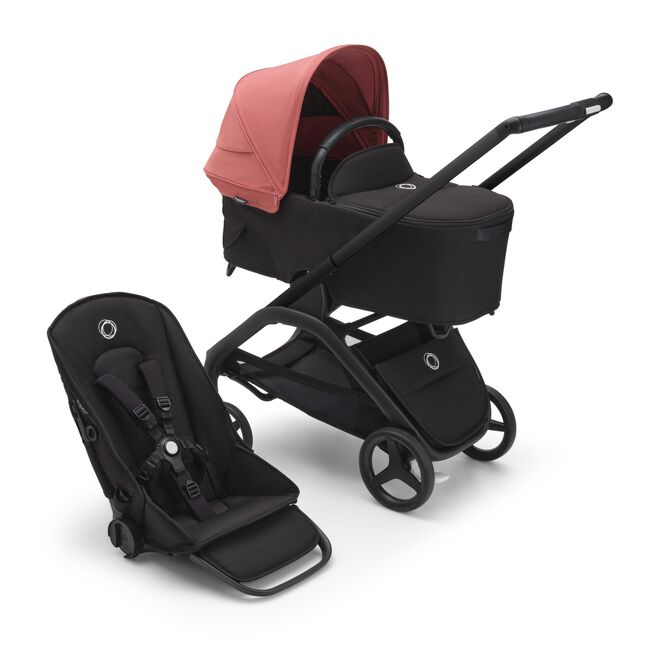 Bugaboo Dragonfly bassinet and seat stroller with black chassis, midnight black fabrics and sunrise red sun canopy.