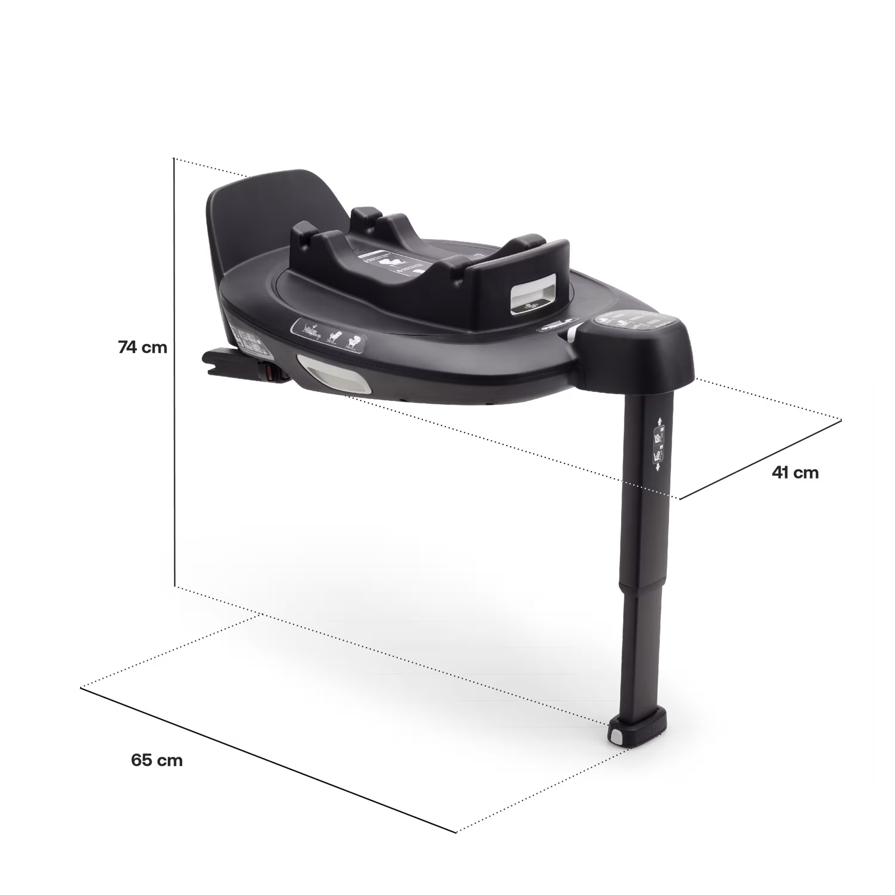 Bugaboo 360 ISOFIX Base by Nuna with in-use measurements: Length: 65 cm, width: 41 cm, height with stability leg: 74 cm. - Main Modal Image Slide 4 of 8