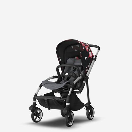 Bugaboo Bee 6 seat stroller aluminium base, grey fabrics, animal explorer pink/ red sun canopy