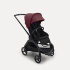 Bugaboo Dragonfly seat stroller black base, midnight black fabrics, dark cherry red sun canopy