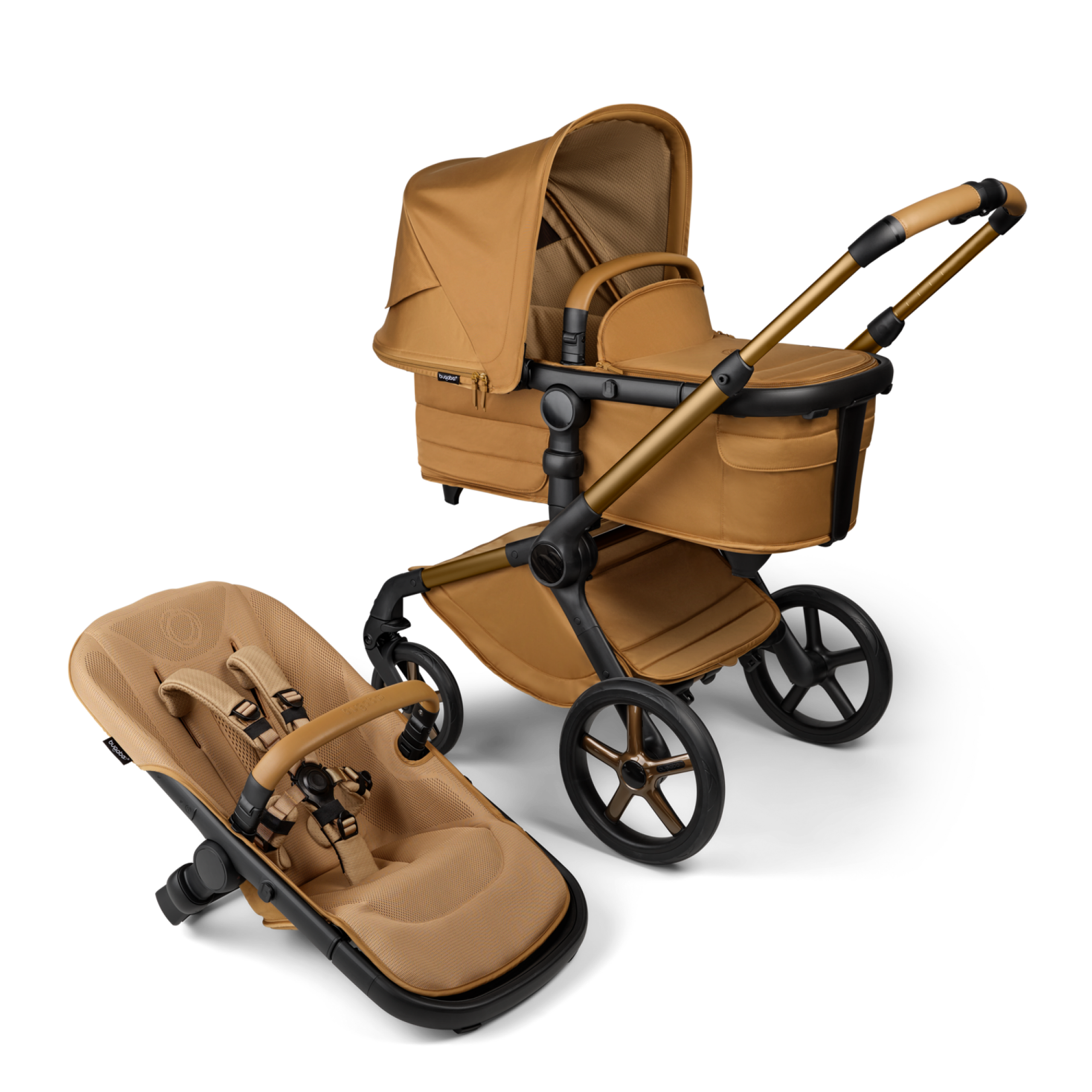 Bugaboo Fox 5 Noir Limited Edition bassinet and seat stroller, with Amber Glow chassis, Amber Glow fabrics, and Amber Glow sun canopy. - Thumbnail Slide 1 of 15